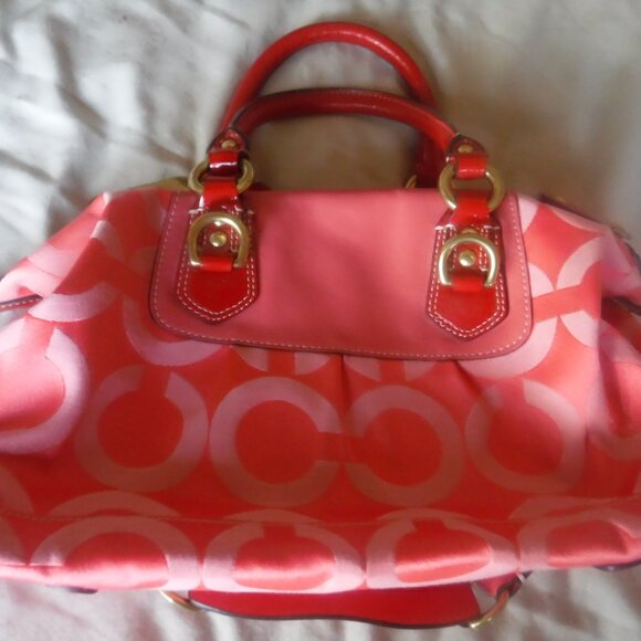 Coach Pink Purse Vintage Pink Fabric Red Handles Rare - Picture 12 of 14